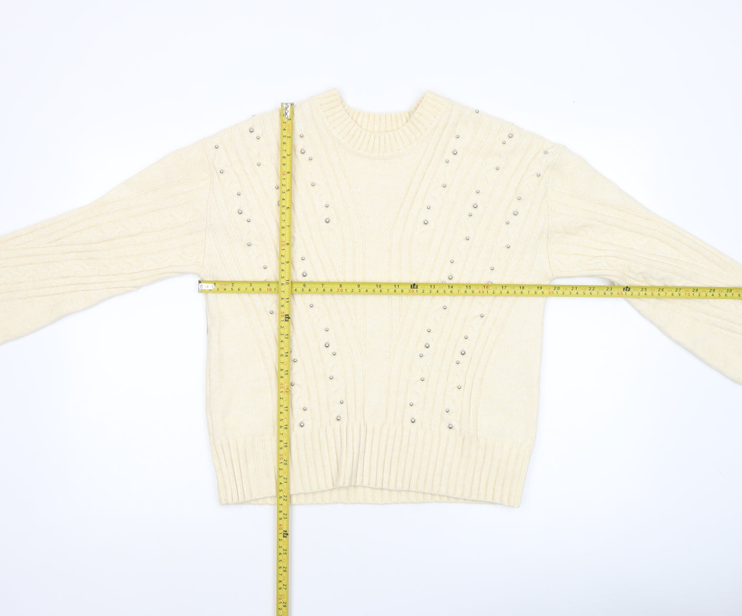 Marks and Spencer Women Ivory Beaded Cable-Knit Jumper S