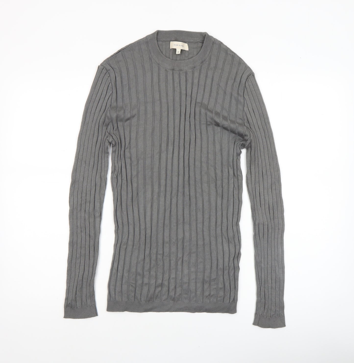 River Island Womens Grey Ribbed Knit Crew Neck Long Sleeve Jumper M