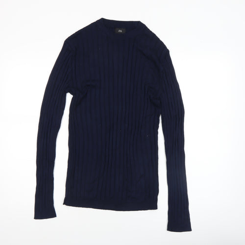 River Island Women's Blue Ribbed Slim Fit Long Sleeve Cotton Jumper M