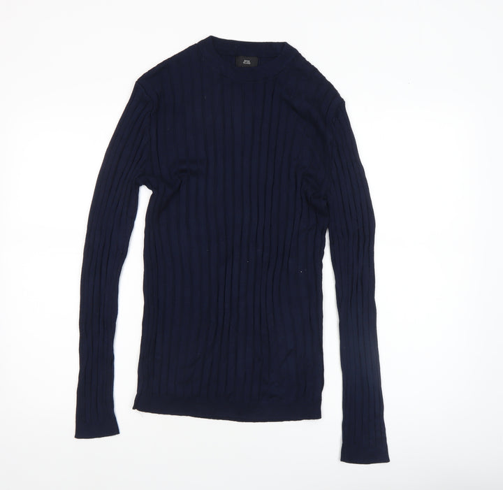 River Island Women's Blue Ribbed Slim Fit Long Sleeve Cotton Jumper M