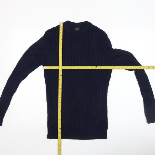 River Island Women's Blue Ribbed Slim Fit Long Sleeve Cotton Jumper M