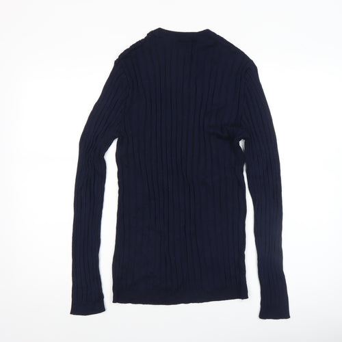 River Island Women's Blue Ribbed Slim Fit Long Sleeve Cotton Jumper M