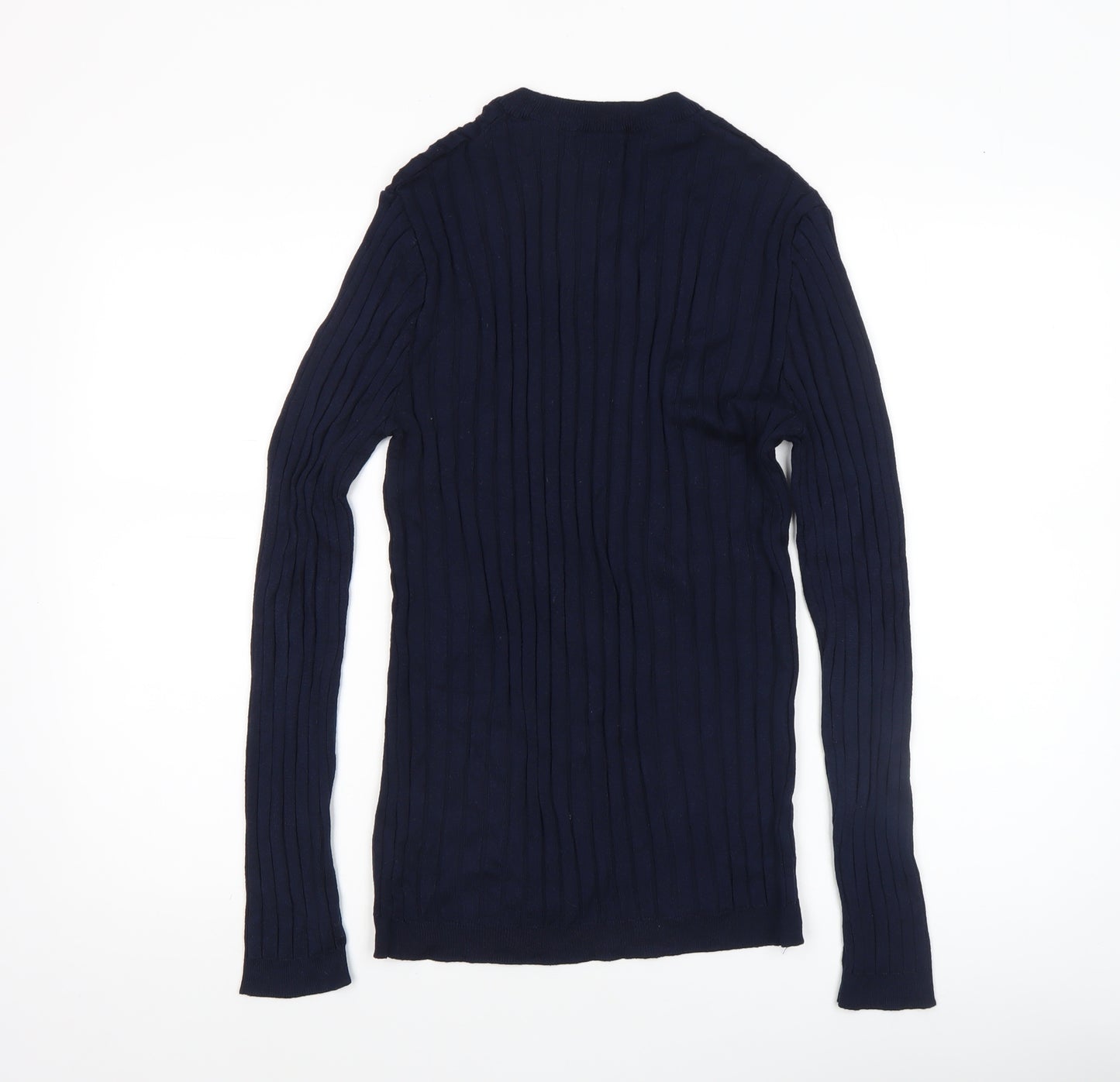 River Island Women's Blue Ribbed Slim Fit Long Sleeve Cotton Jumper M