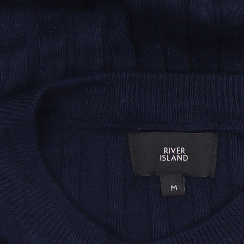 River Island Women's Blue Ribbed Slim Fit Long Sleeve Cotton Jumper M
