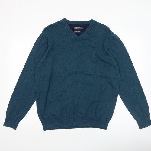 Benetti Men's Blue Cotton V-Neck Jumper L Classic Knit
