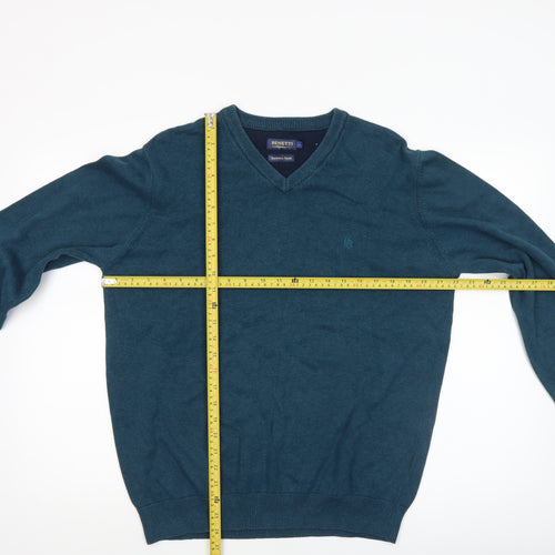 Benetti Men's Blue Cotton V-Neck Jumper L Classic Knit