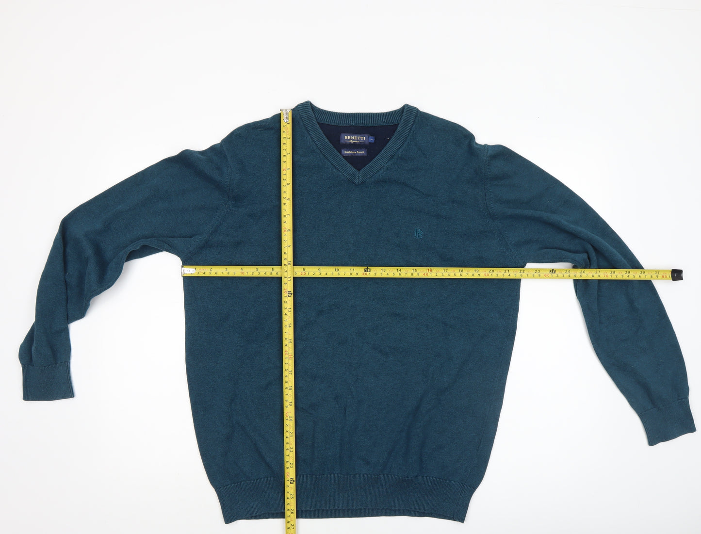 Benetti Men's Blue Cotton V-Neck Jumper L Classic Knit