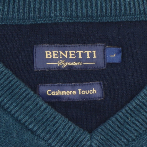 Benetti Men's Blue Cotton V-Neck Jumper L Classic Knit