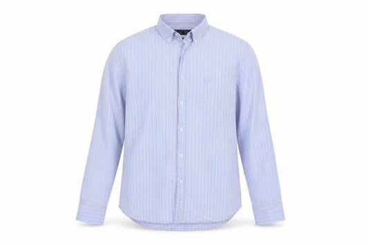 Front view of Paul Costelloe Living Men's Blue Striped Cotton Long Sleeve Button-Up Shirt Medium