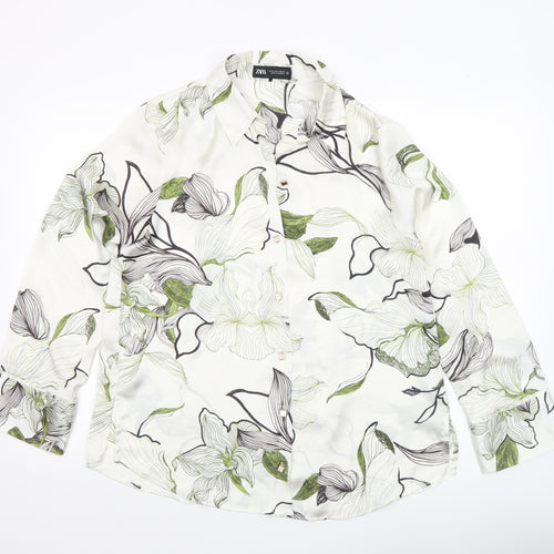 Zara Women White Floral Button-Up Long Sleeve Shirt Size 12