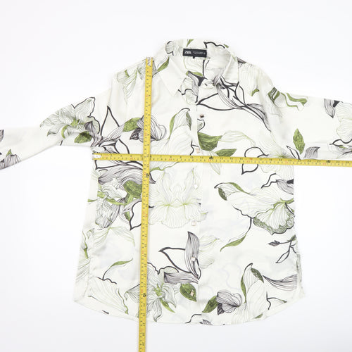 Zara Women White Floral Button-Up Long Sleeve Shirt Size 12