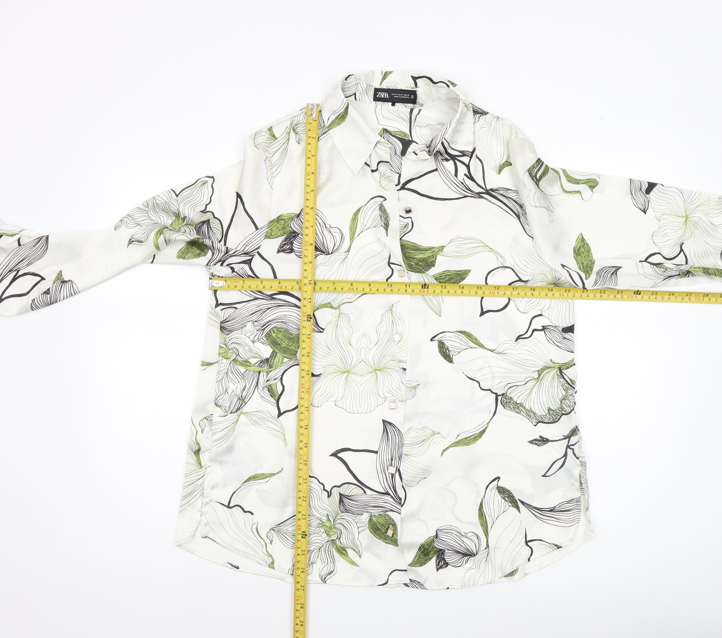 Zara Women White Floral Button-Up Long Sleeve Shirt Size 12
