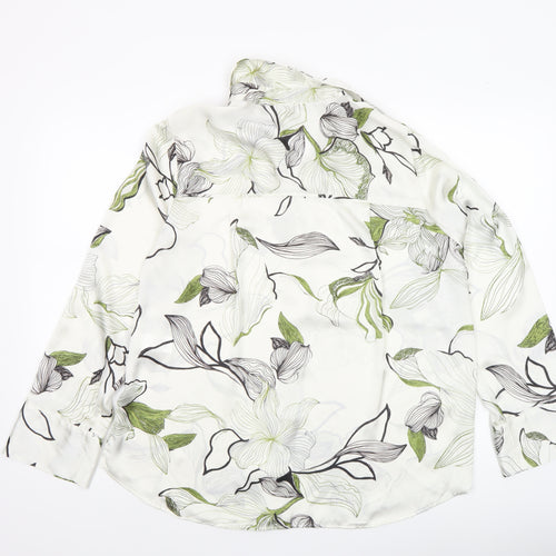 Zara Women White Floral Button-Up Long Sleeve Shirt Size 12