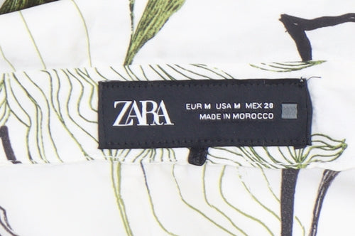 Zara Women White Floral Button-Up Long Sleeve Shirt Size 12