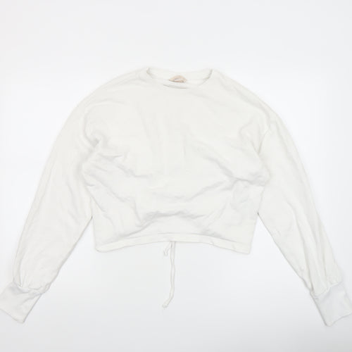 H&M Women White Cotton Cropped Long Sleeve Crew Neck Top Size 8