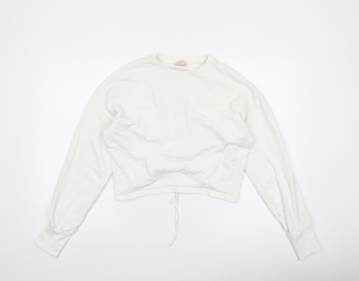 H&M Women White Cotton Cropped Long Sleeve Crew Neck Top Size 8
