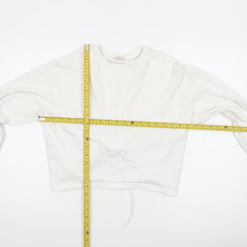 H&M Women White Cotton Cropped Long Sleeve Crew Neck Top Size 8