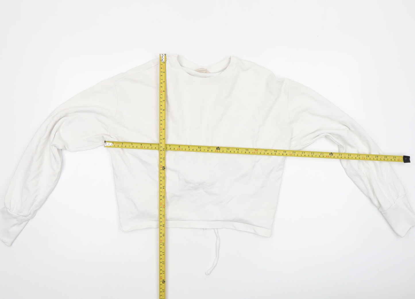 H&M Women White Cotton Cropped Long Sleeve Crew Neck Top Size 8
