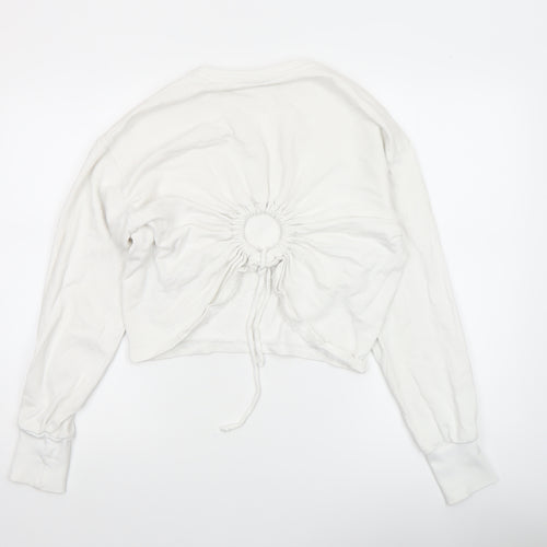 H&M Women White Cotton Cropped Long Sleeve Crew Neck Top Size 8