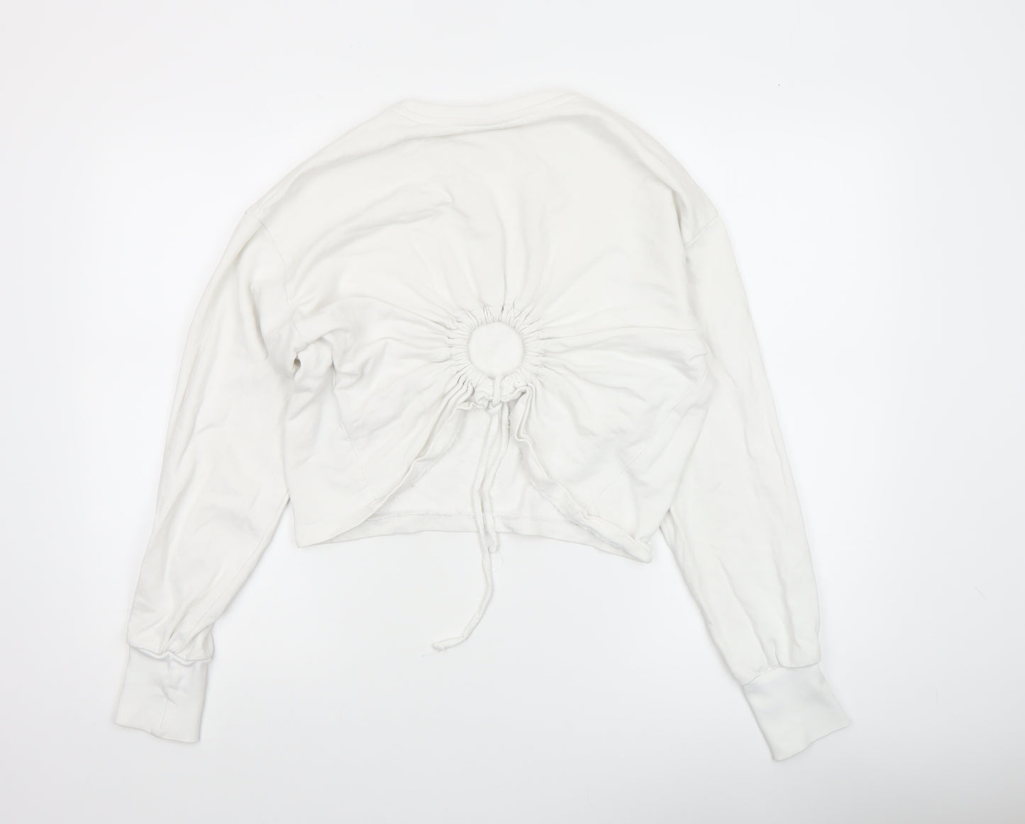 H&M Women White Cotton Cropped Long Sleeve Crew Neck Top Size 8