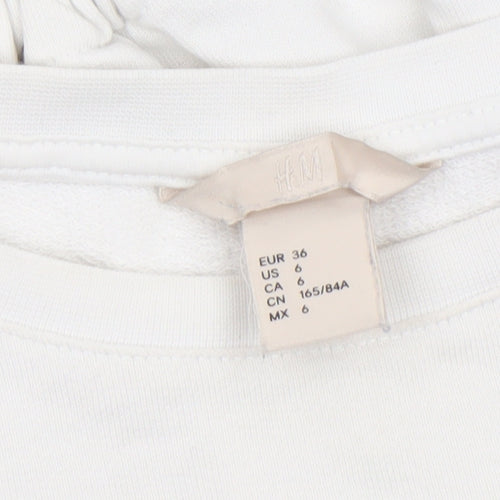 H&M Women White Cotton Cropped Long Sleeve Crew Neck Top Size 8
