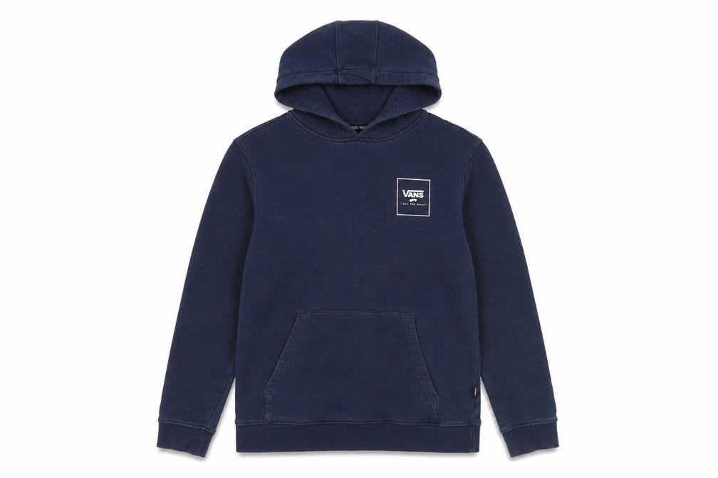 Front view of Vans boys’ navy pullover hoodie large logo floral graphic blue sweatshirt
