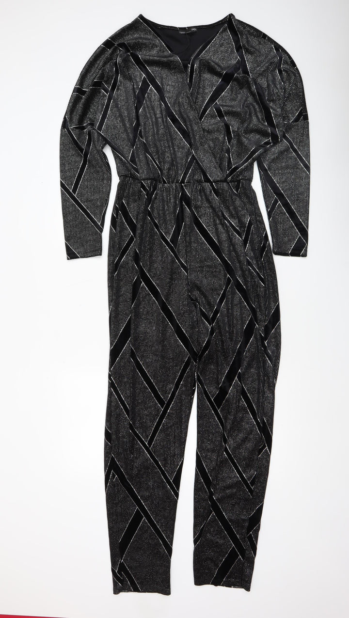 Zara Women Black Geometric Velvet Jumpsuit Size 12 Partywear