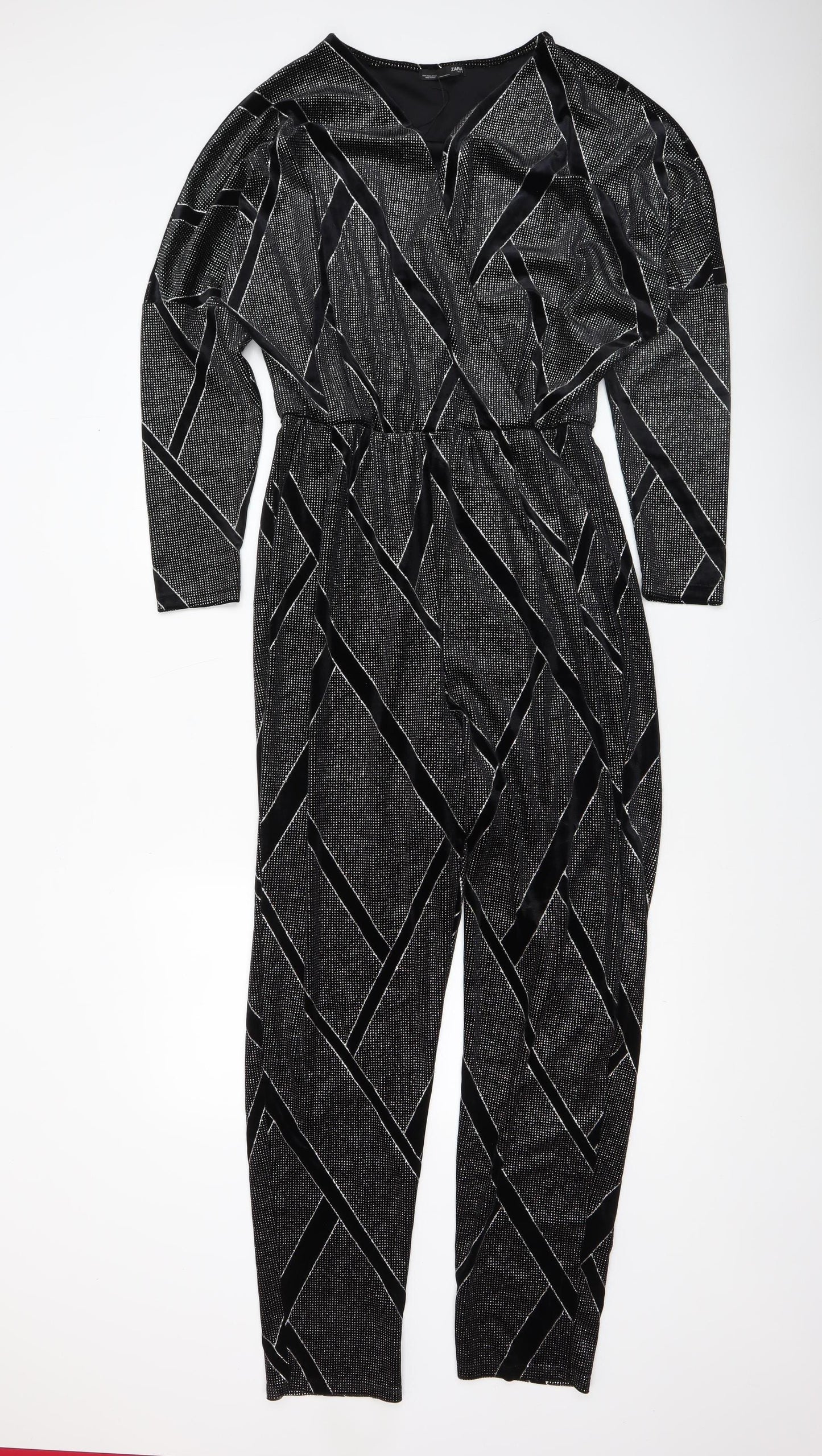 Zara Women Black Geometric Velvet Jumpsuit Size 12 Partywear