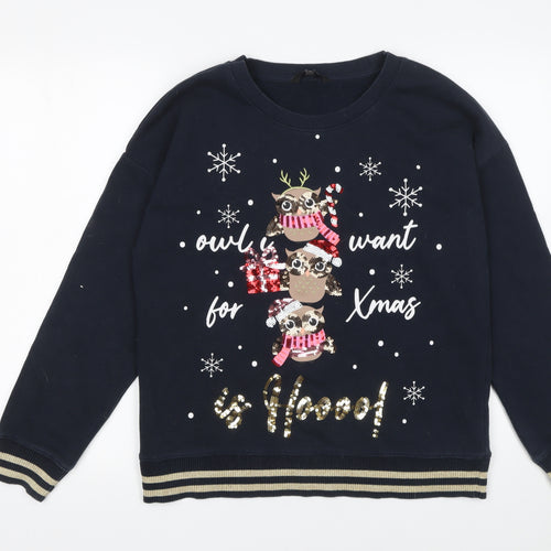 Next Women Navy Christmas Owl Sequin Sweatshirt M