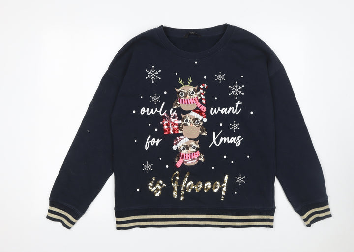 Next Women Navy Christmas Owl Sequin Sweatshirt M