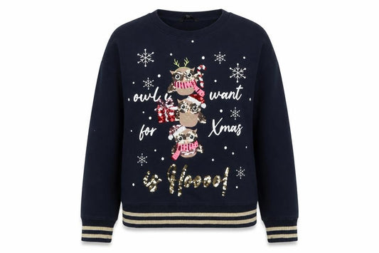 Front view of Next Women Navy Christmas Owl Sequin Sweatshirt M