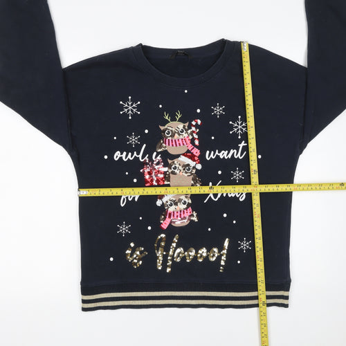 Next Women Navy Christmas Owl Sequin Sweatshirt M