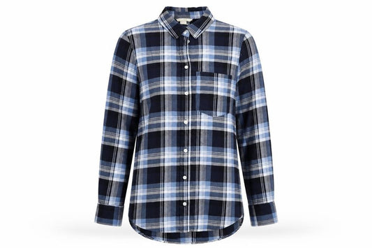 Front view of H&M Women’s Blue Plaid Cotton Button-Up Shirt, size UK 6, Long Sleeve