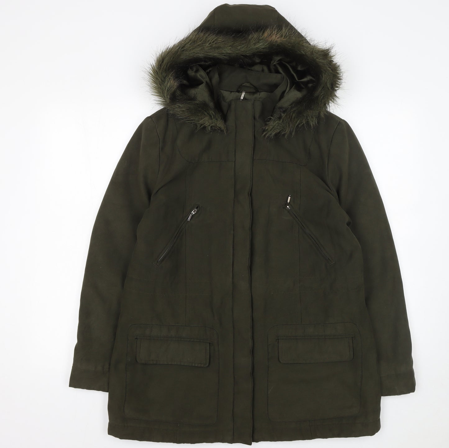 Marks and Spencer Womens Green Faux Fur Hooded Parka Coat UK 14