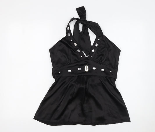 AX Paris Women Black Halter V-Neck Embellished Satin Tunic Top Size 12