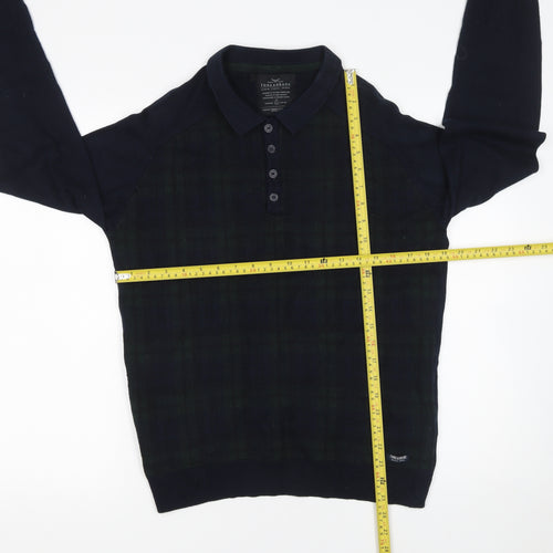 Threadbare Men's Blue Check Long Sleeve Cotton Polo Shirt L