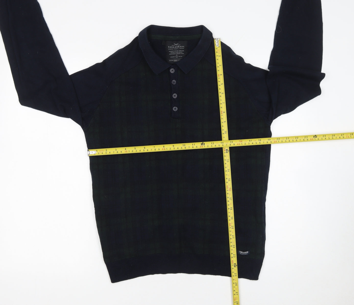 Threadbare Men's Blue Check Long Sleeve Cotton Polo Shirt L