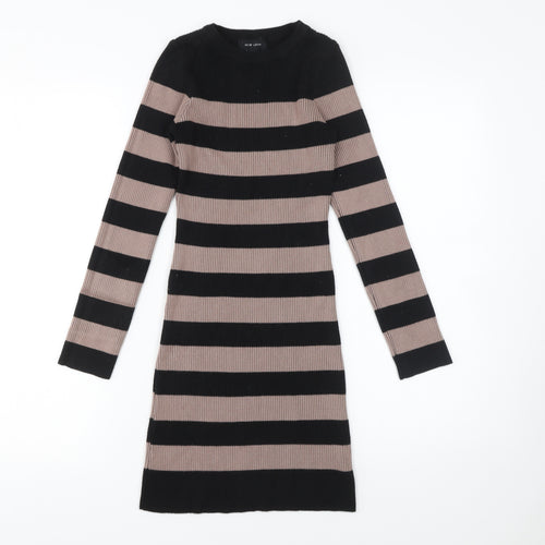 New Look Women Black Striped Bodycon Knit Dress Size 8 Long Sleeve