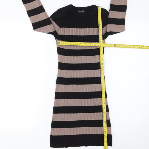 New Look Women Black Striped Bodycon Knit Dress Size 8 Long Sleeve