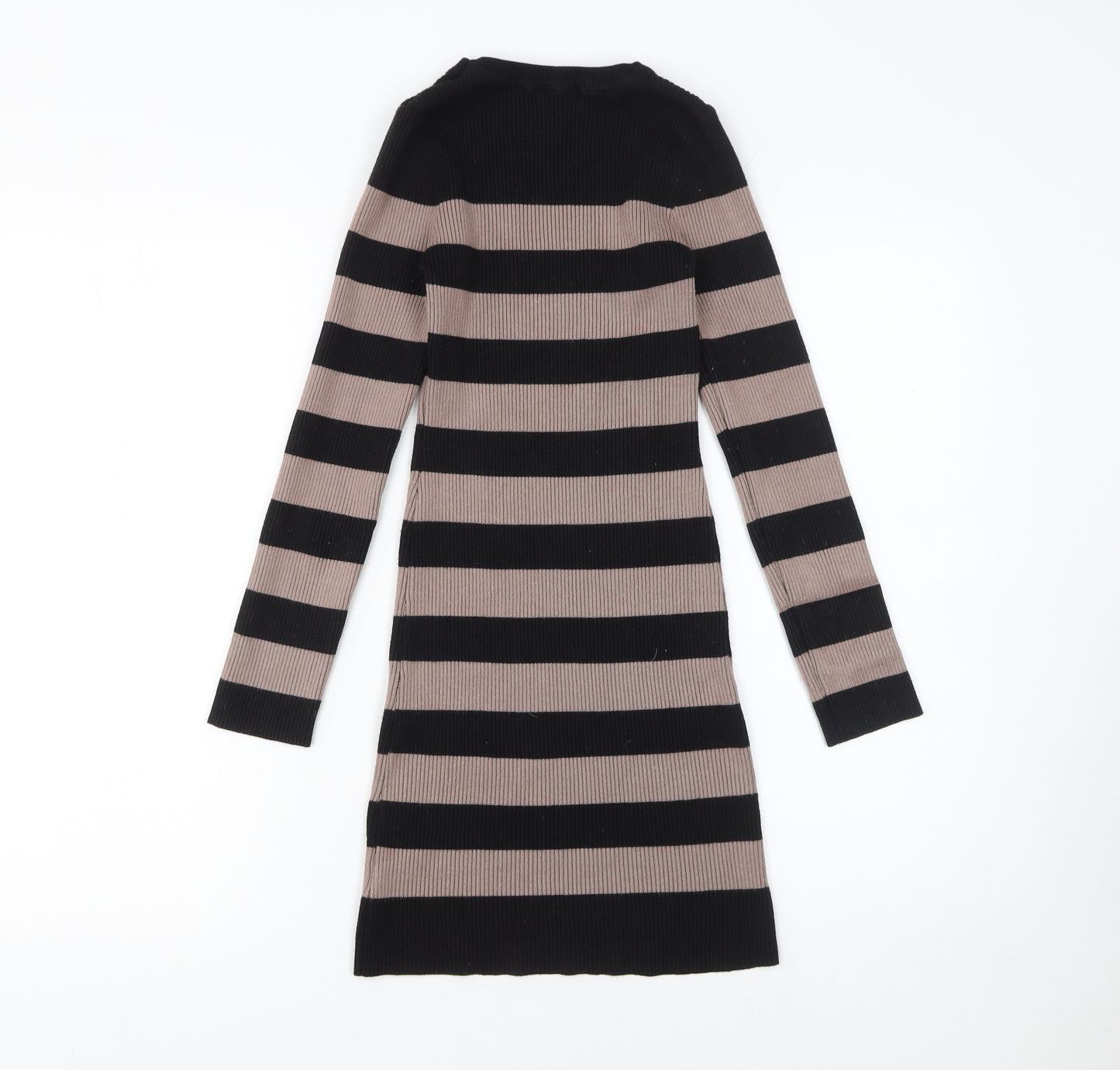 New Look Women Black Striped Bodycon Knit Dress Size 8 Long Sleeve