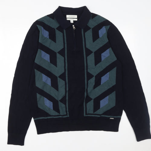 Marks and Spencer Autograph Men's Navy Geometric Long Sleeve Polo L