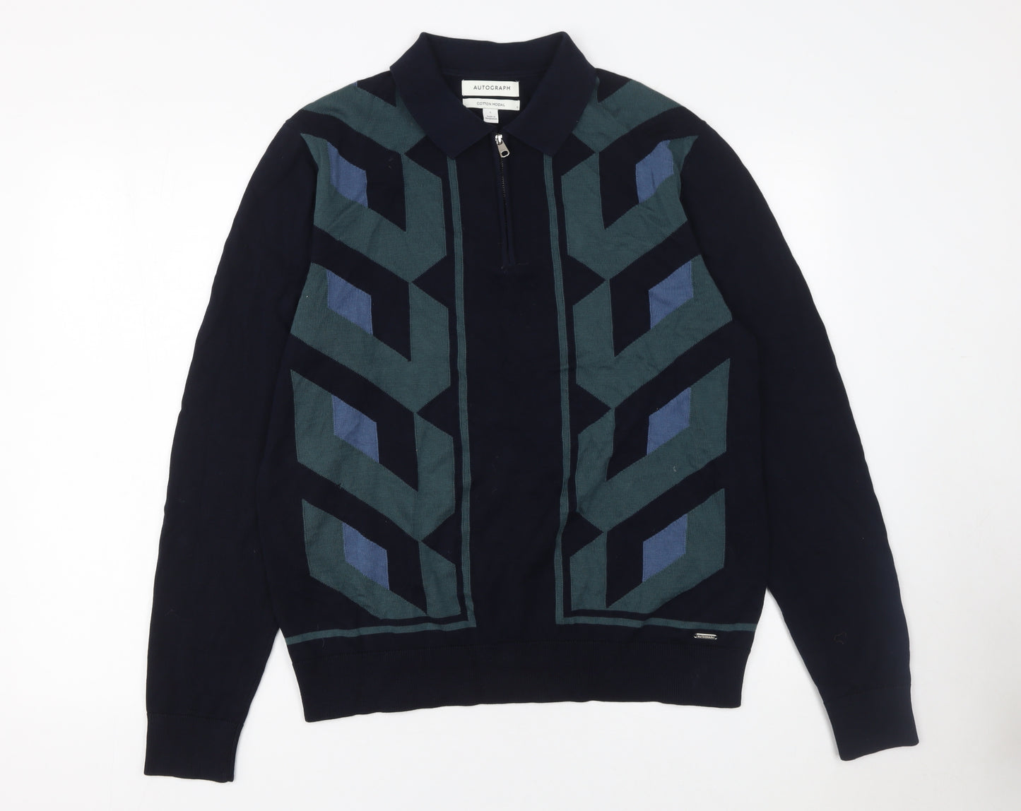 Marks and Spencer Autograph Men's Navy Geometric Long Sleeve Polo L