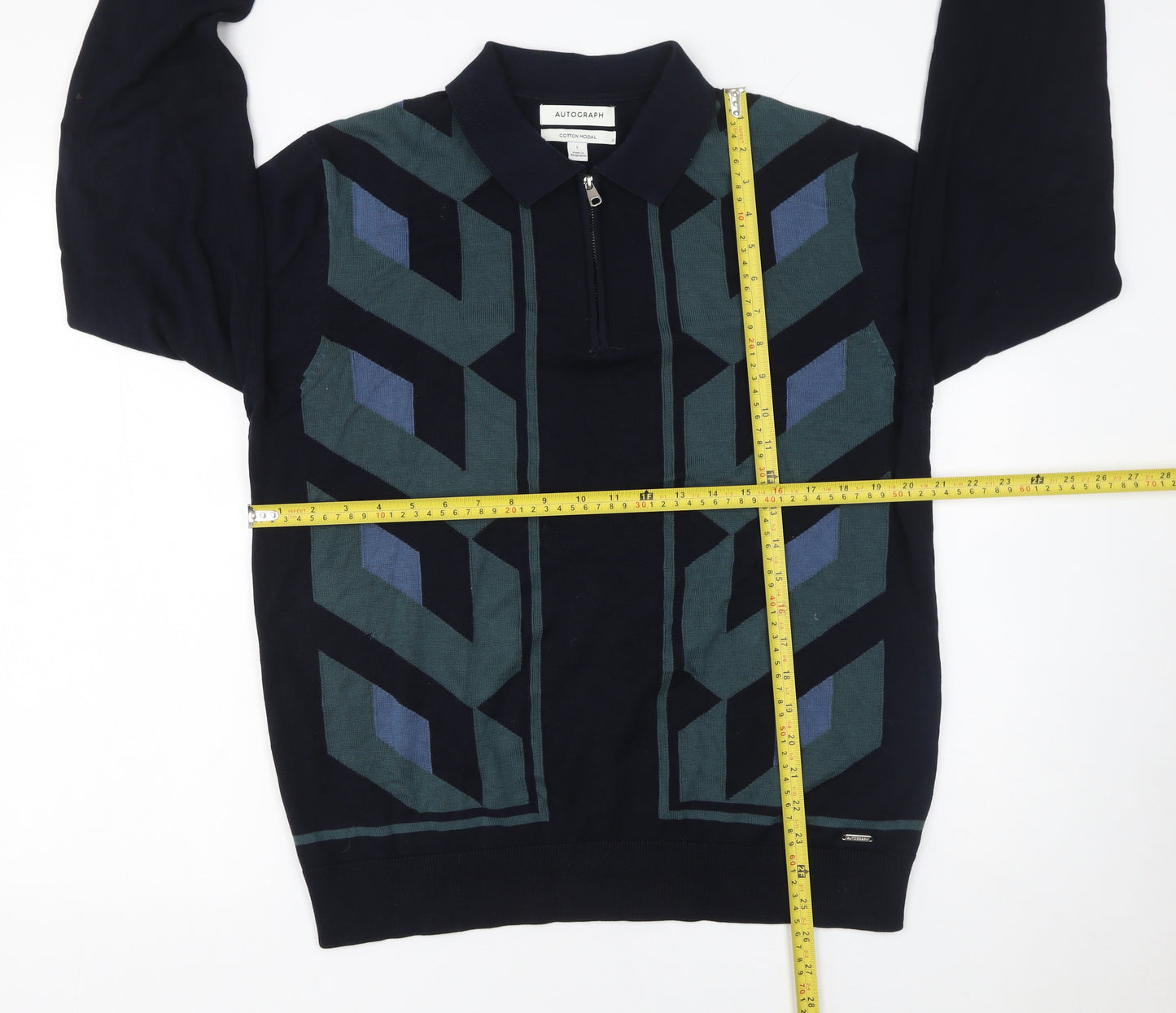 Marks and Spencer Autograph Men's Navy Geometric Long Sleeve Polo L