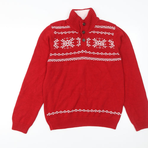 CHAPS Women Red Fair Isle Henley Jumper Size 14 Winter Knitwear