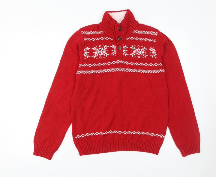 CHAPS Women Red Fair Isle Henley Jumper Size 14 Winter Knitwear