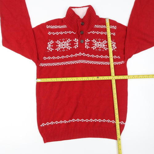CHAPS Women Red Fair Isle Henley Jumper Size 14 Winter Knitwear