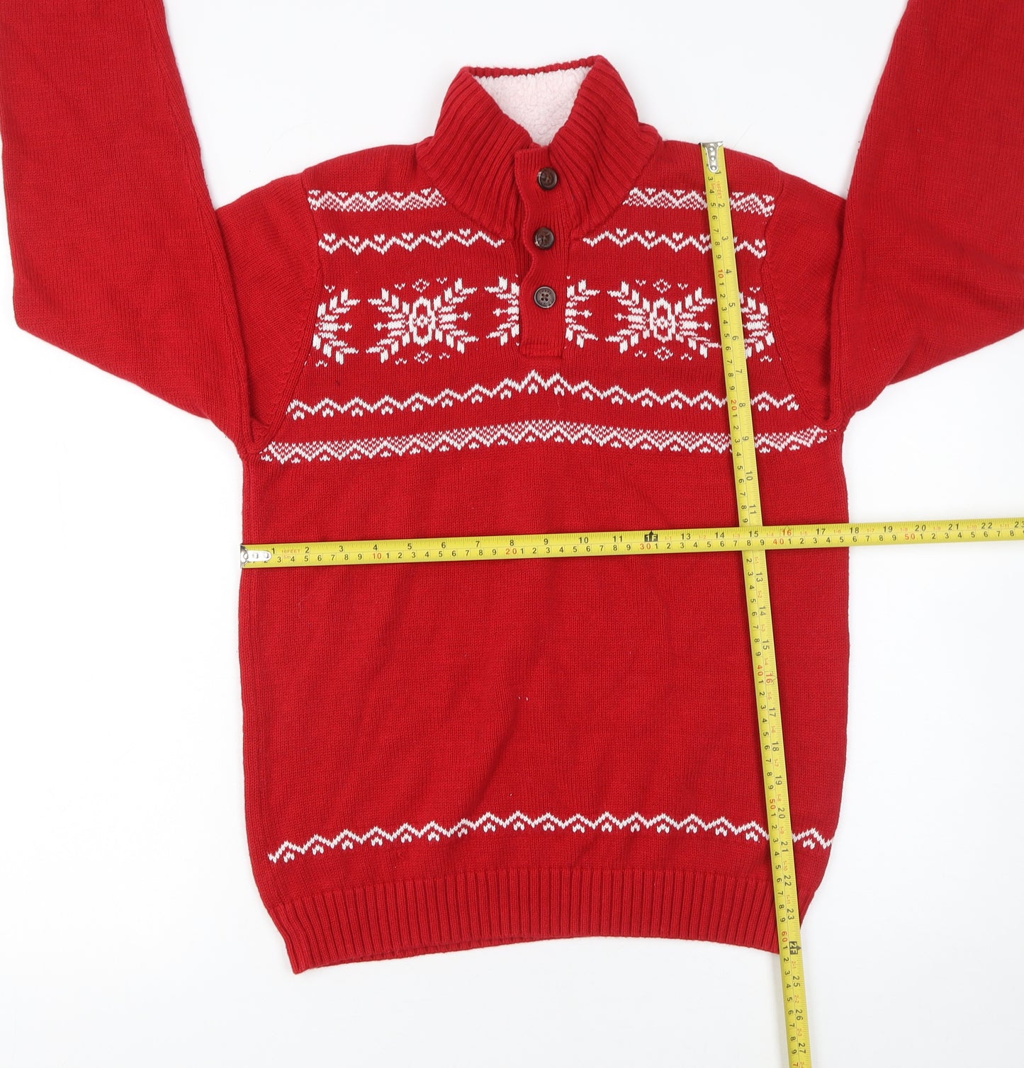 CHAPS Women Red Fair Isle Henley Jumper Size 14 Winter Knitwear