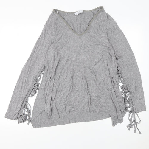 Zara Women Grey Viscose Blend Fringe V-Neck Pullover Jumper Size 8