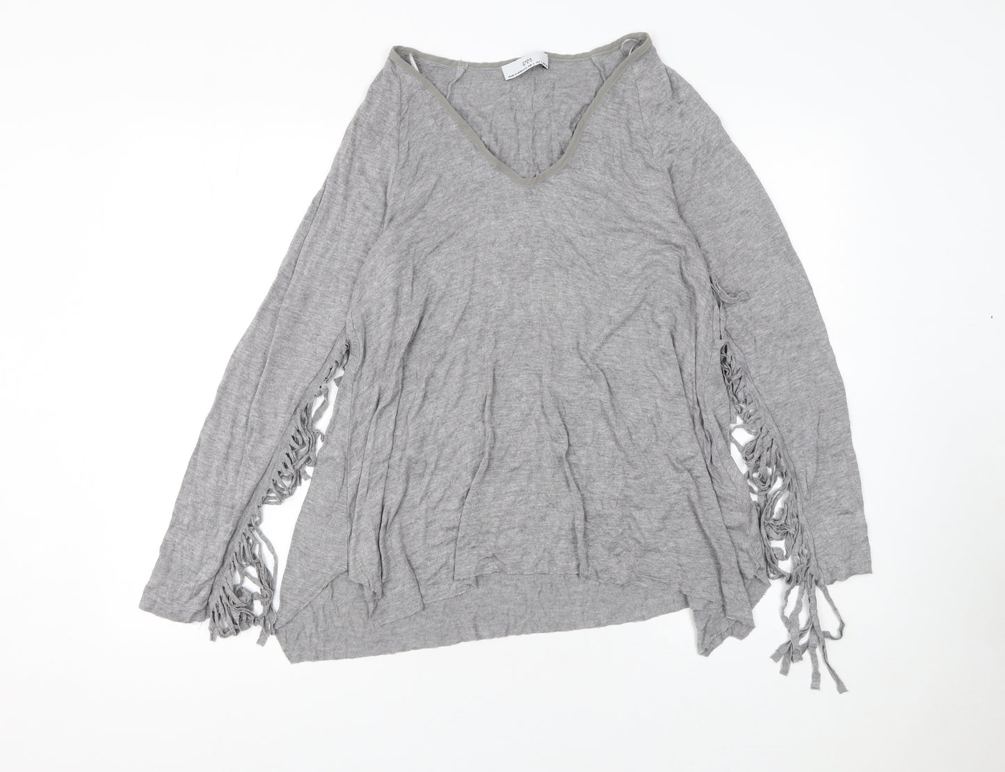 Zara Women Grey Viscose Blend Fringe V-Neck Pullover Jumper Size 8