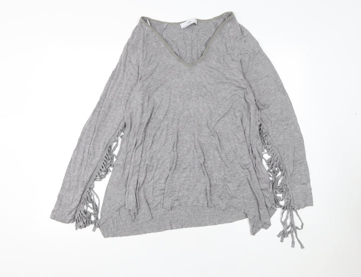 Zara Women Grey Viscose Blend Fringe V-Neck Pullover Jumper Size 8